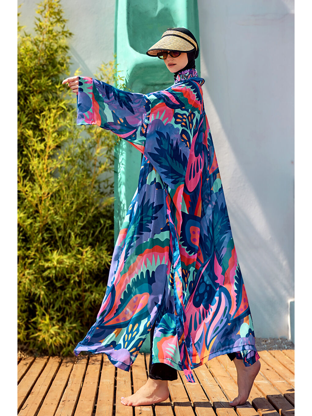 Remsa Tesettür Mayo Üzerine Tek Kaftan Kimono Pareo Mor RP028 Morika-1