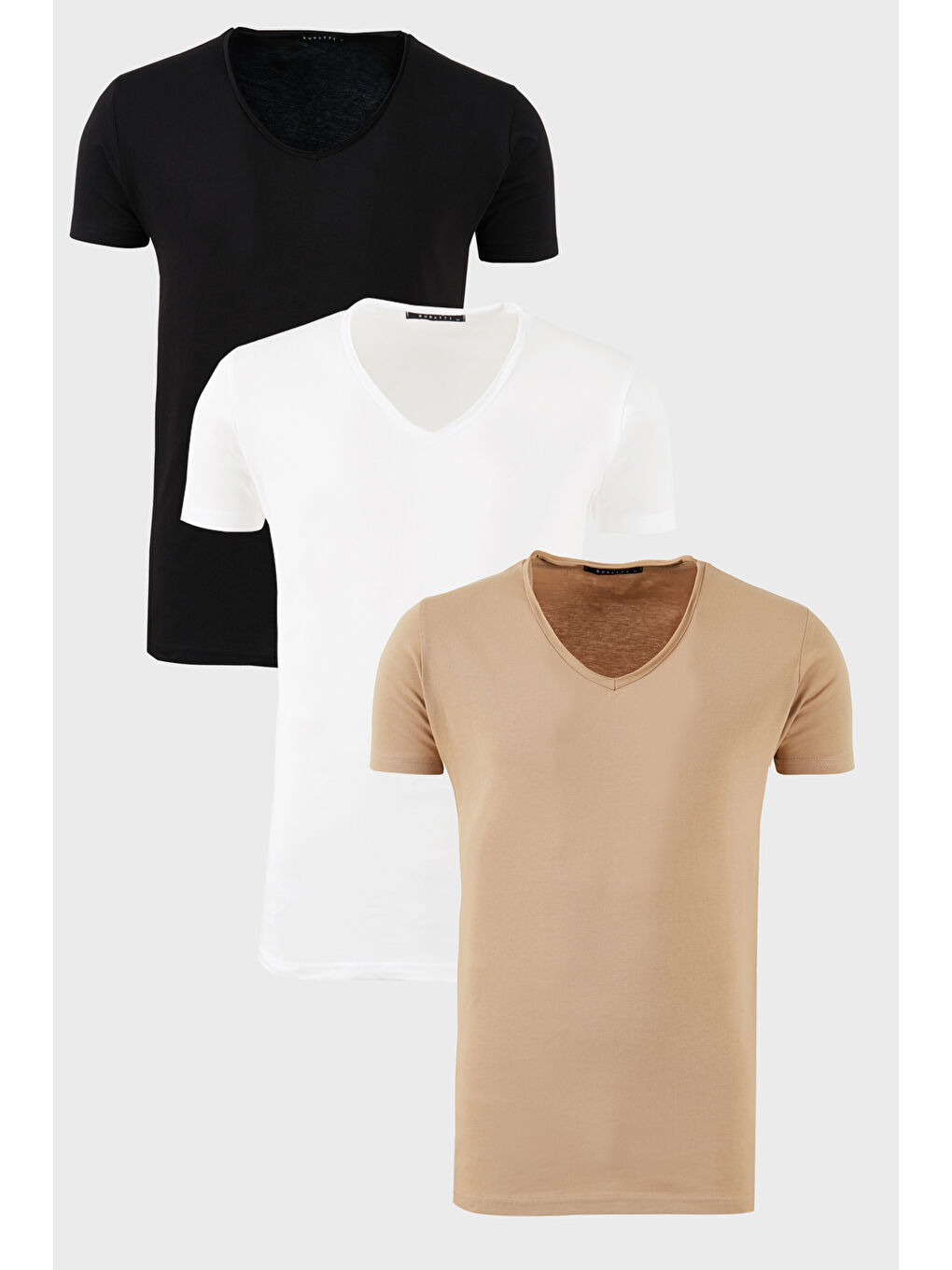 Siyah Pamuklu Slim Fit V Yaka Baskılı 3'lü Paket %100 Pamuk Tişört 541S31