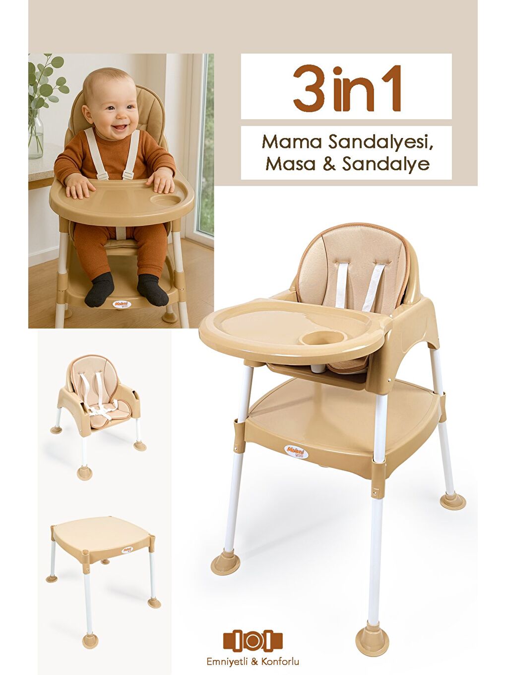 3in1 Bebek Mama Sandalyesi Çalışma Masalı Mama Sandalyesi Minderli Mama Oturağı Bej