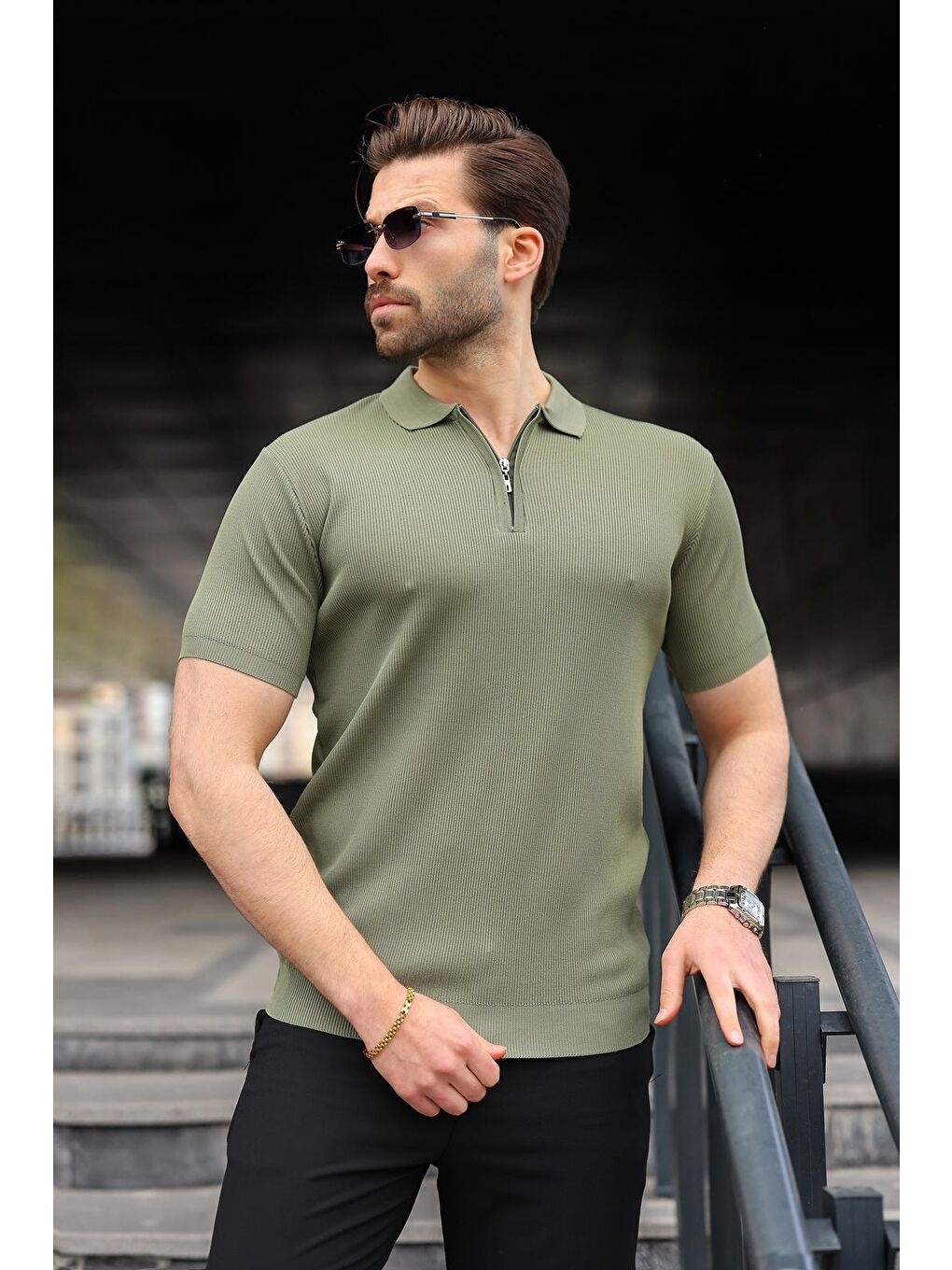 Haki Yarım Fermuarlı Polo Yaka Triko Erkek Tişört E74e59-2