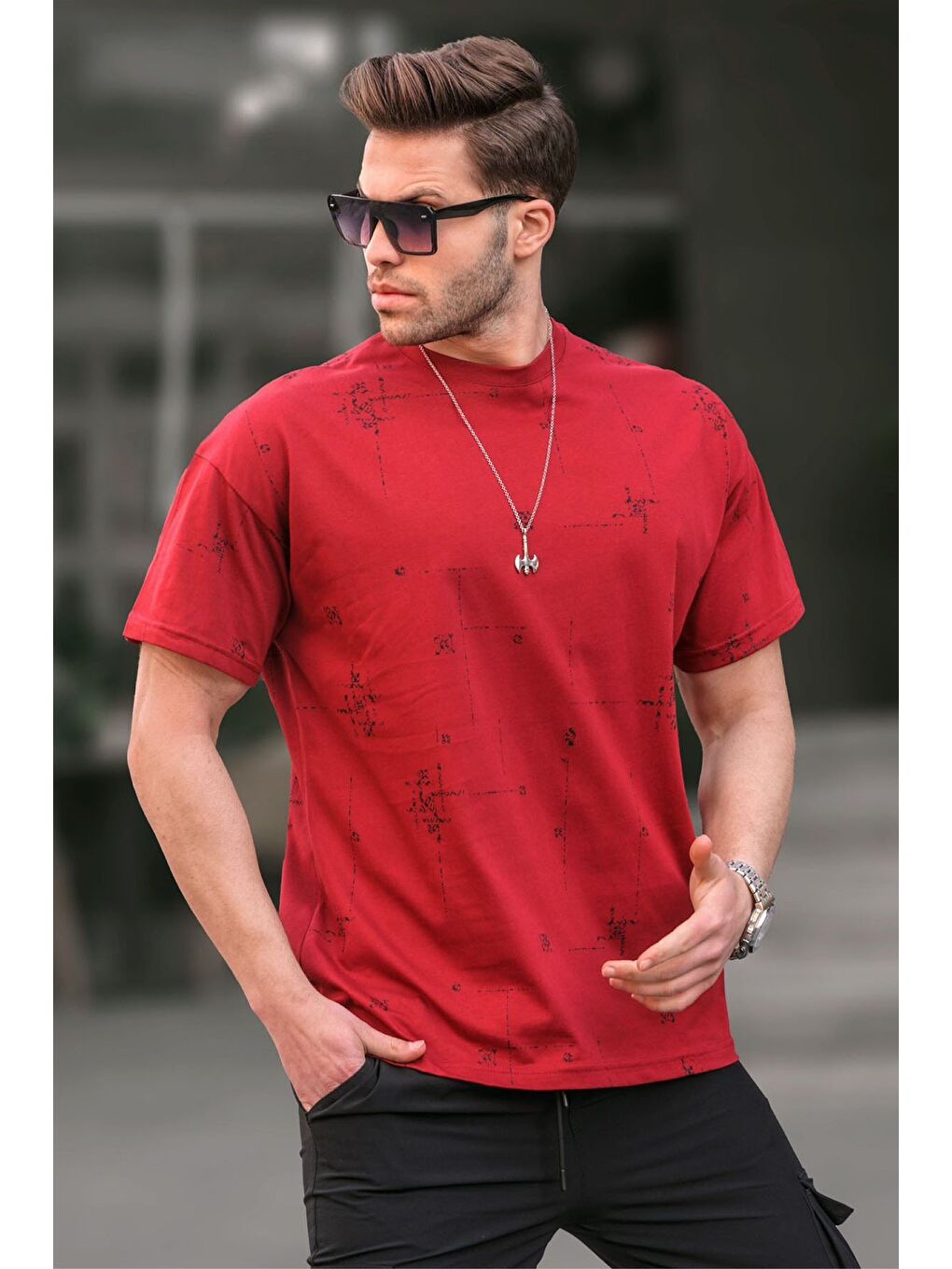 Bordo Bisiklet Yaka Baskılı Erkek Tişört 6093