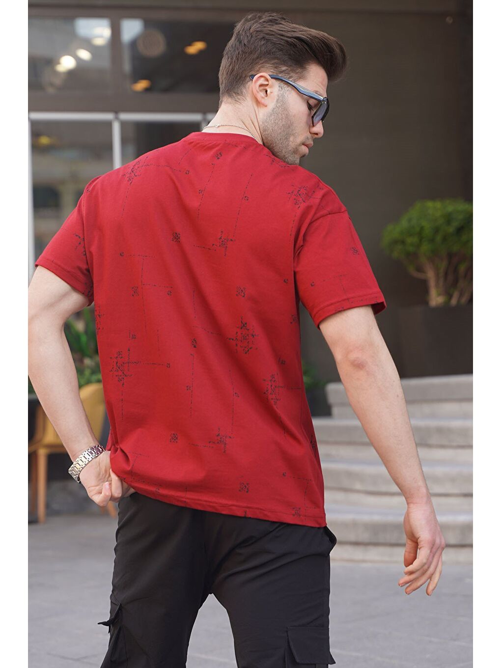 Bordo Bisiklet Yaka Baskılı Erkek Tişört 6093-1