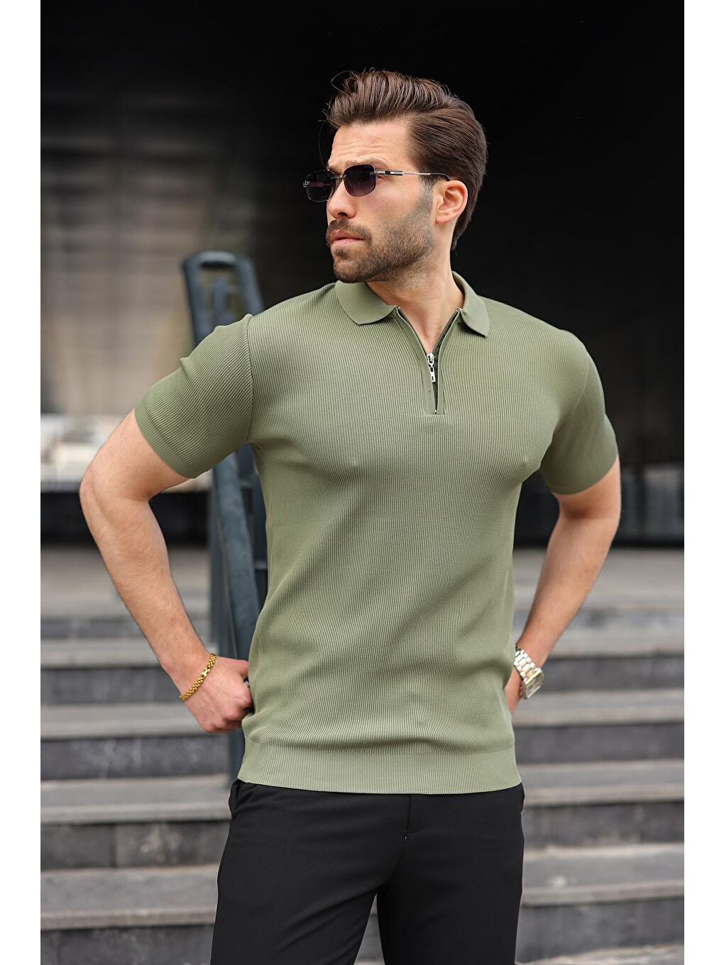 Haki Yarım Fermuarlı Polo Yaka Triko Erkek Tişört E74e59-3