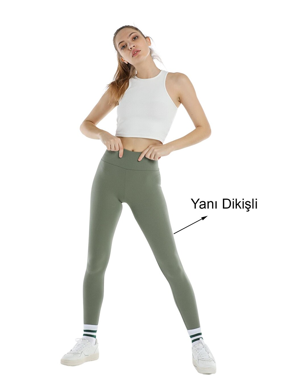 Yeşil Yüksek Bel, Fitilli, Toparlayıcı interlok Beli Lastikli Örme Kadın Tayt @Tivoli