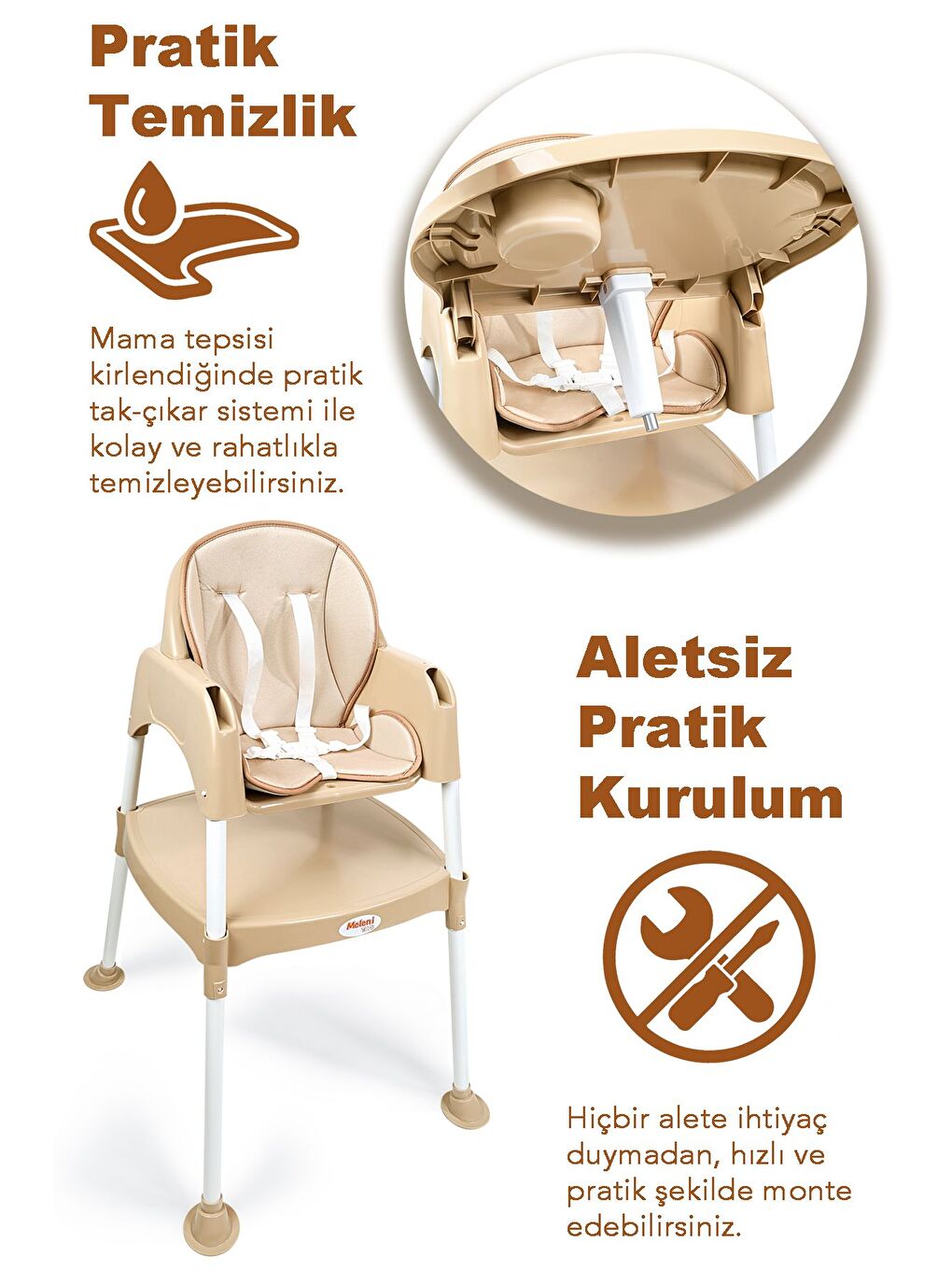 3in1 Bebek Mama Sandalyesi Çalışma Masalı Mama Sandalyesi Minderli Mama Oturağı Bej-2