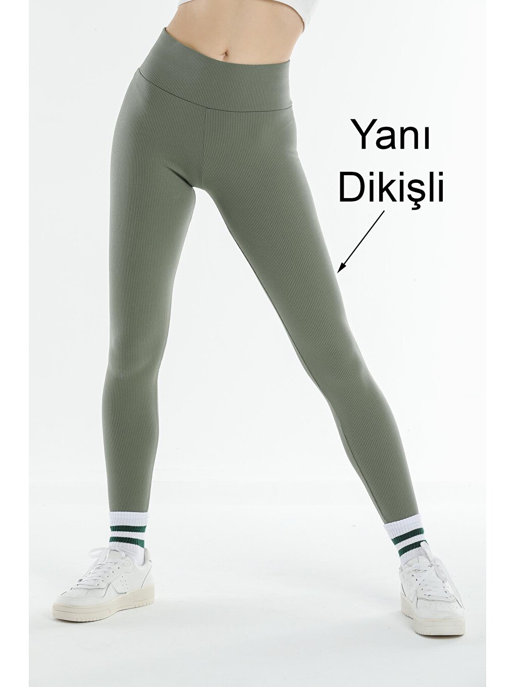 Yeşil Yüksek Bel, Fitilli, Toparlayıcı interlok Beli Lastikli Örme Kadın Tayt @Tivoli-1
