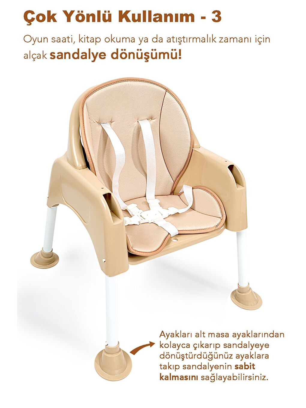 3in1 Bebek Mama Sandalyesi Çalışma Masalı Mama Sandalyesi Minderli Mama Oturağı Bej-4