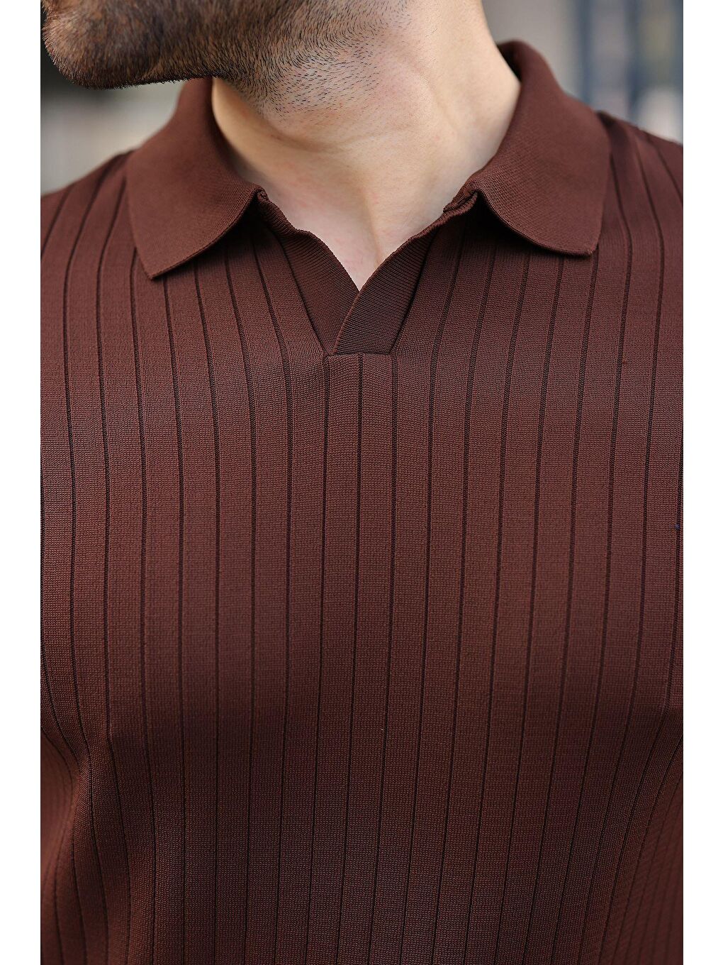 Kahverengi Polo Yaka Triko Erkek Tişört E7461-1