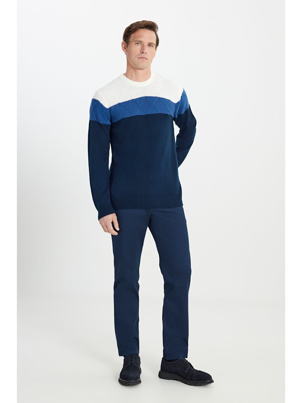 Ekru Erkek Normal Kesim Bisiklet Yaka Colorblock Desenli Triko Kazak-1