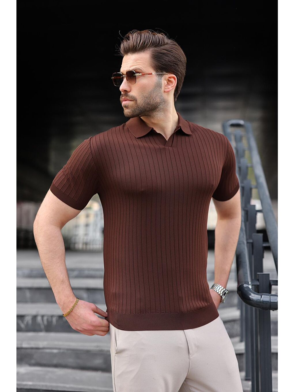 Kahverengi Polo Yaka Triko Erkek Tişört E7461-2