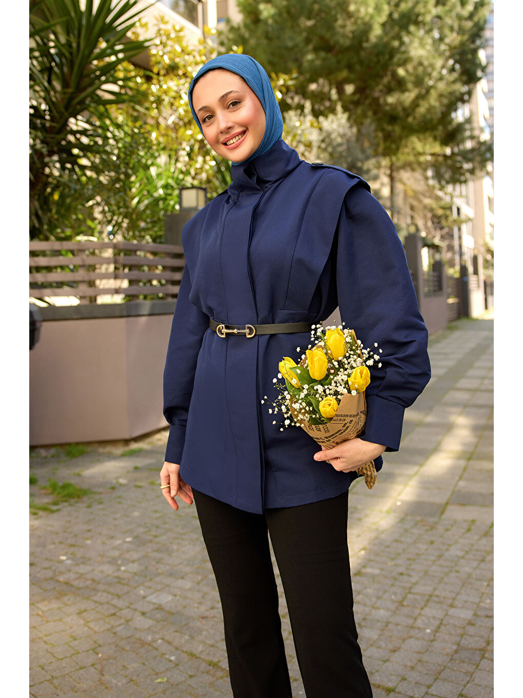 Kadın Palt Pensli Apoletli Kısa Trenç Lacivert-1