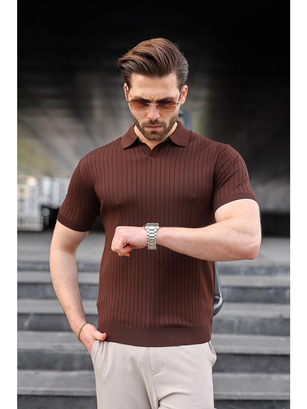 Kahverengi Polo Yaka Triko Erkek Tişört E7461-3