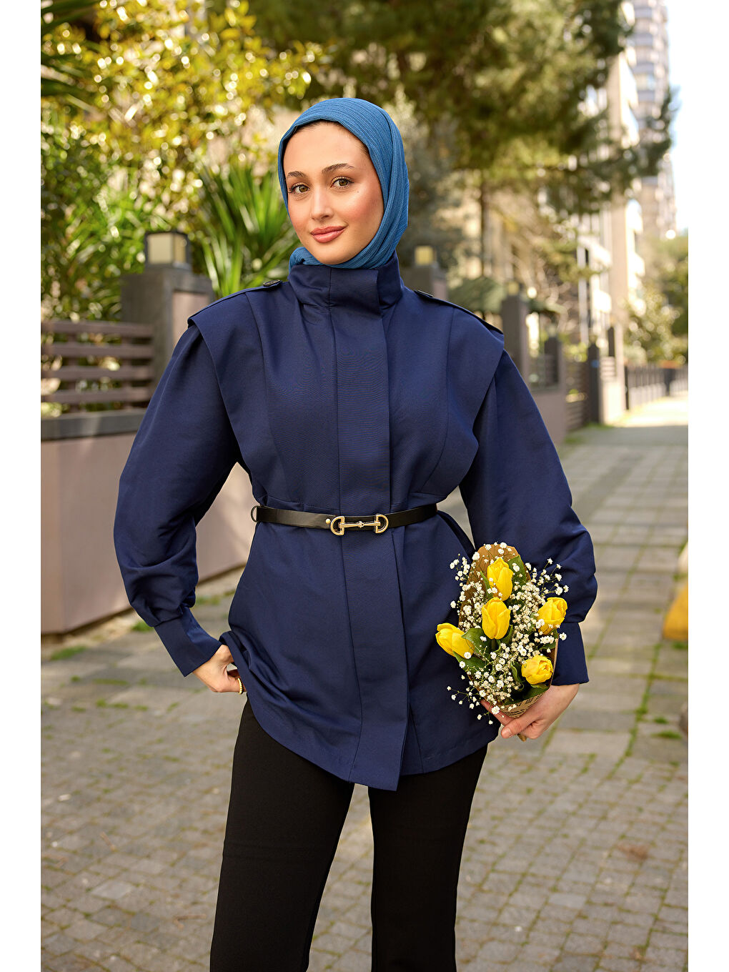 Kadın Palt Pensli Apoletli Kısa Trenç Lacivert-2