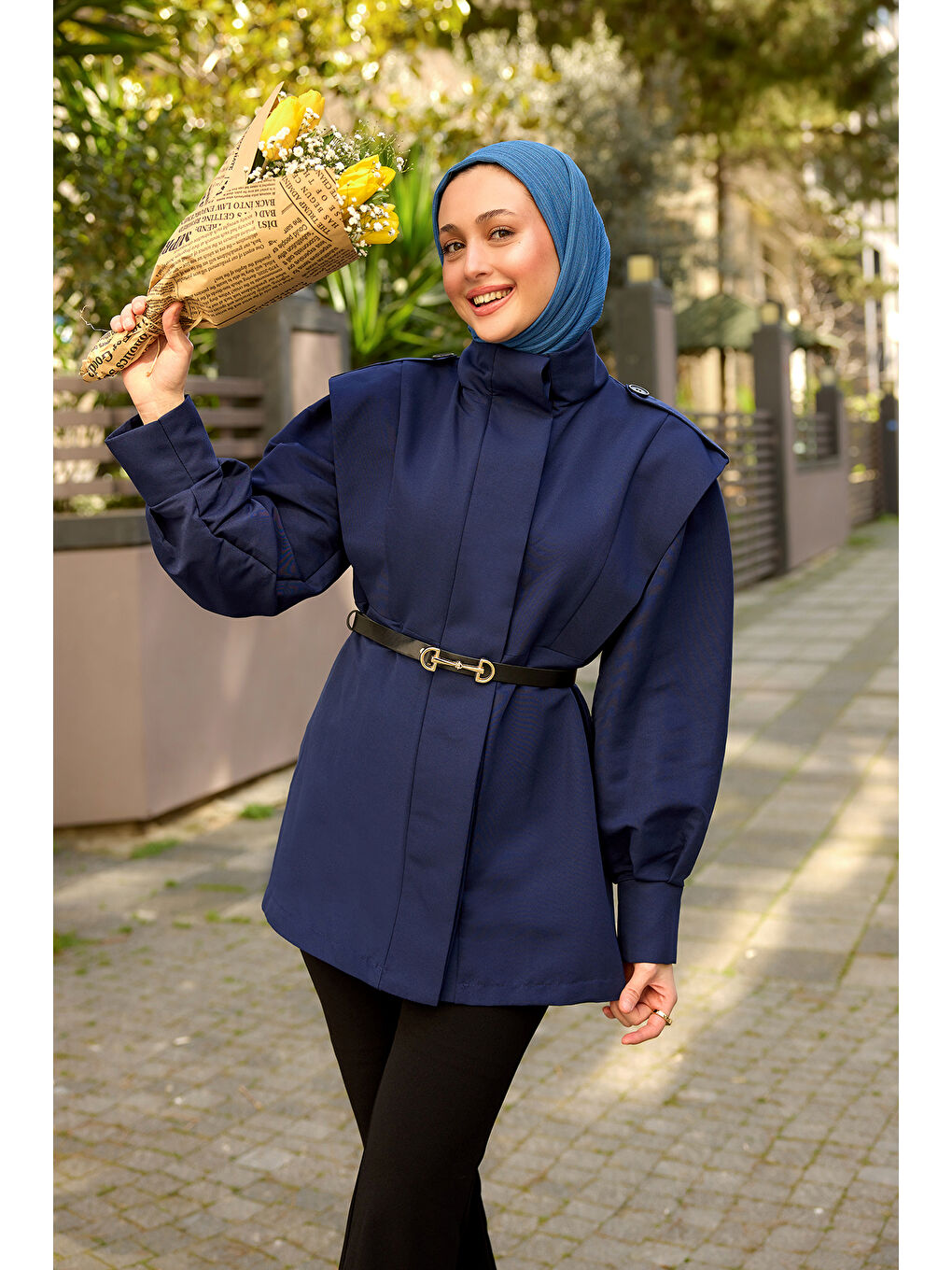 Kadın Palt Pensli Apoletli Kısa Trenç Lacivert-3