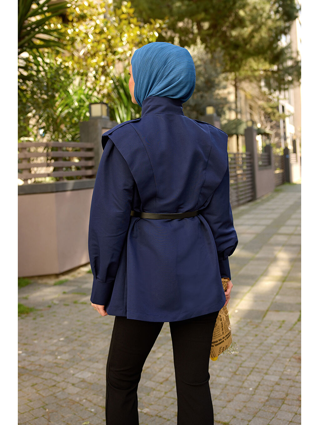 Kadın Palt Pensli Apoletli Kısa Trenç Lacivert-4