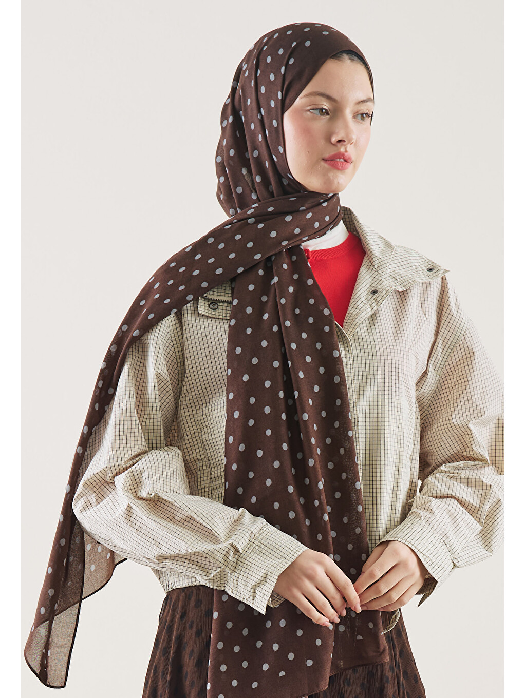 Kahverengi Small Polka Dots Desen Rami Şal Çikolata-1