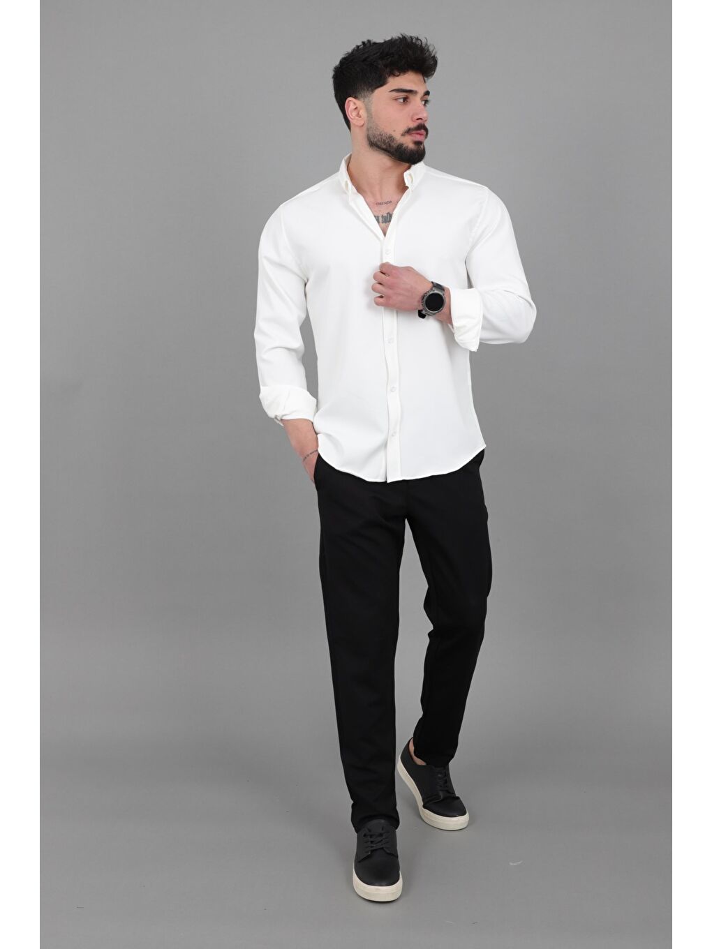 Beyaz Double Yazlık Uzun Kol Gömlek MRS 217_40416-2