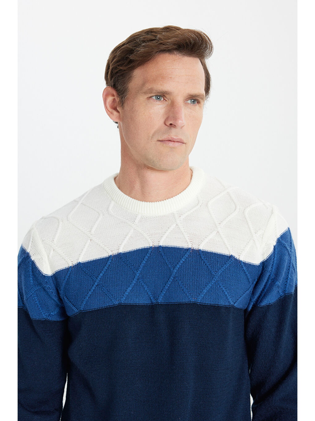 Ekru Erkek Normal Kesim Bisiklet Yaka Colorblock Desenli Triko Kazak-3