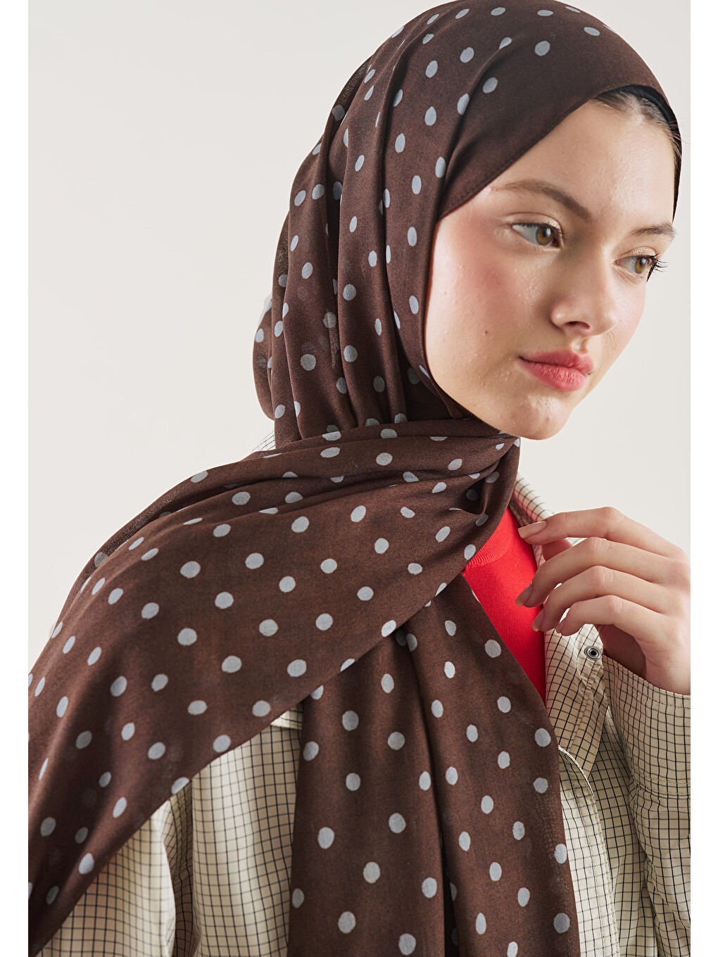Kahverengi Small Polka Dots Desen Rami Şal Çikolata-3