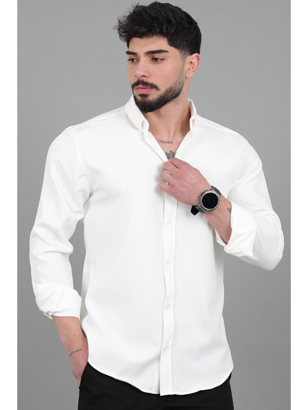 Beyaz Double Yazlık Uzun Kol Gömlek MRS 217_40416-3