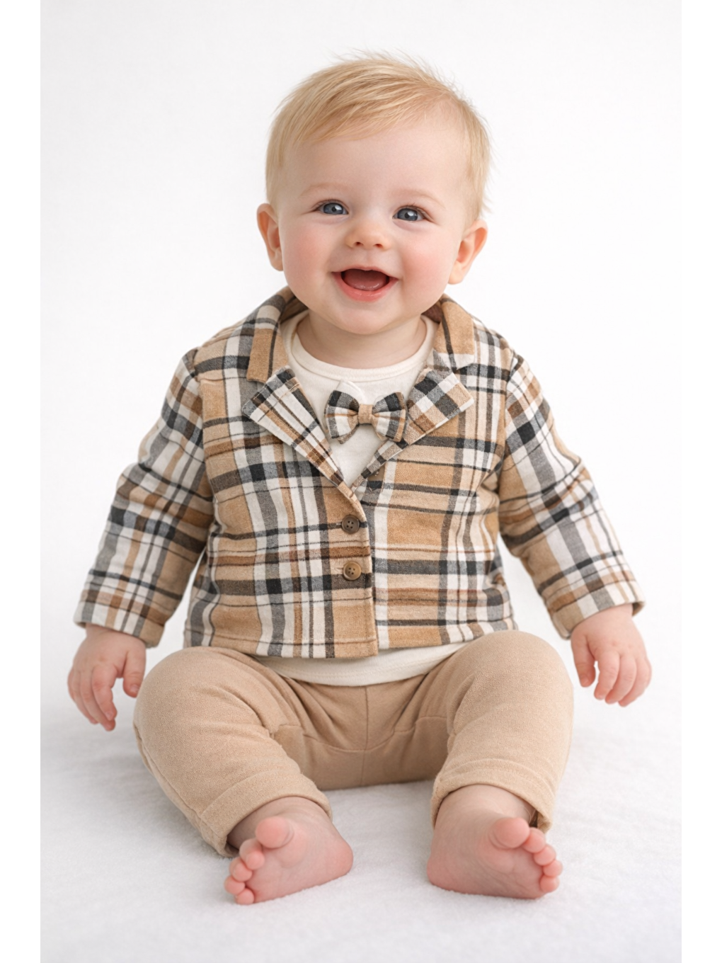 Bej Erkek Bebek Ceketli Papyonlu 3lü Takım Bayramlık Pamuklu Özel Ekose Desenş,