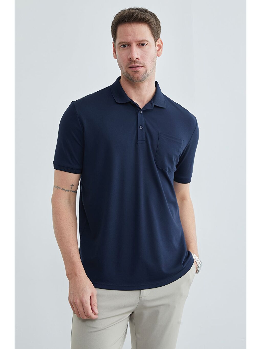 Lacivert Tek Cepli Polo Yaka Tişört-1