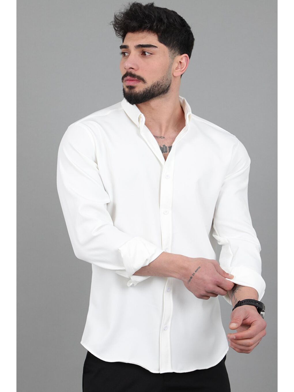 Beyaz Double Yazlık Uzun Kol Gömlek MRS 217_40416-4