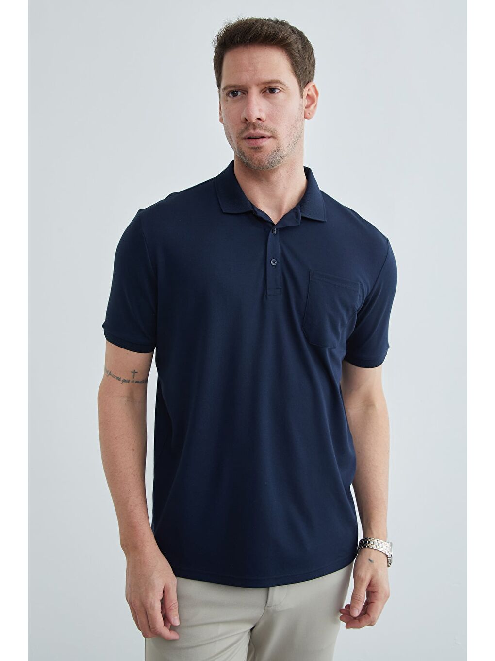 Lacivert Tek Cepli Polo Yaka Tişört-4