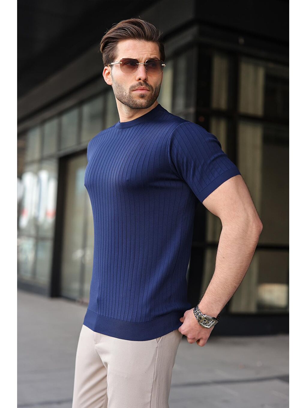 Lacivert Bisiklet Yaka Triko Erkek Tişört E7460-1