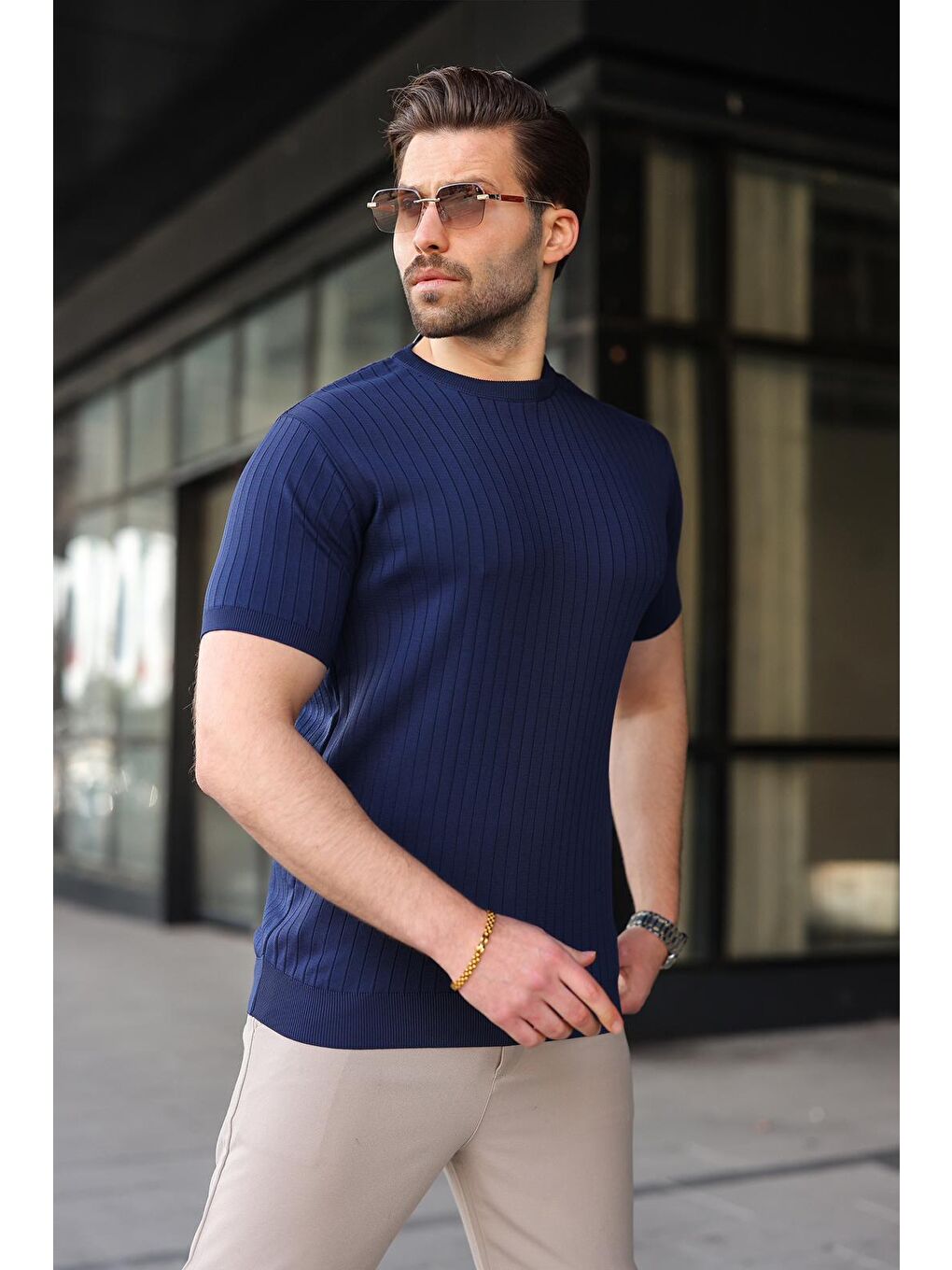 Lacivert Bisiklet Yaka Triko Erkek Tişört E7460-2