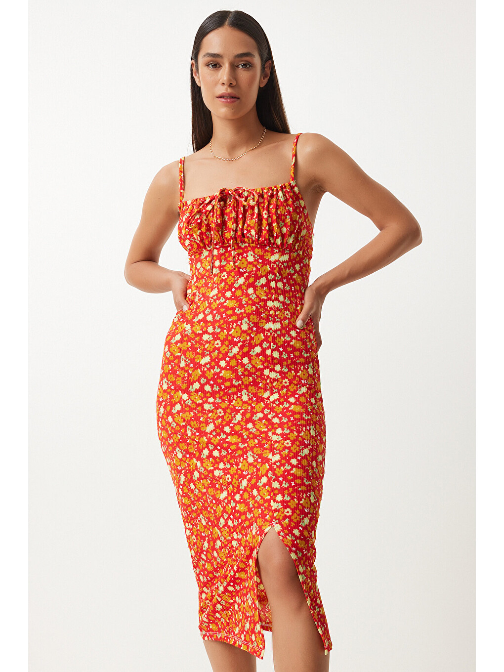 Turuncu Çiçekli Desenli Yırtmaçlı Yazlık Örme Elbise KOYU ORANJ LCI0003