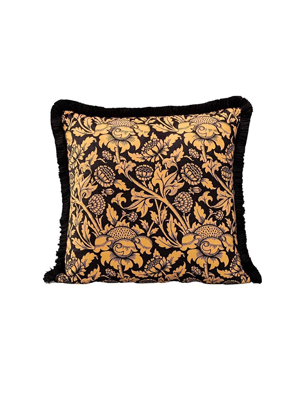 Lüks Kadife 43x43 Cm Kırlent Kılıfı Dekoratif Yumuşak Salon Avangart Saçaklı Sarı Siyah