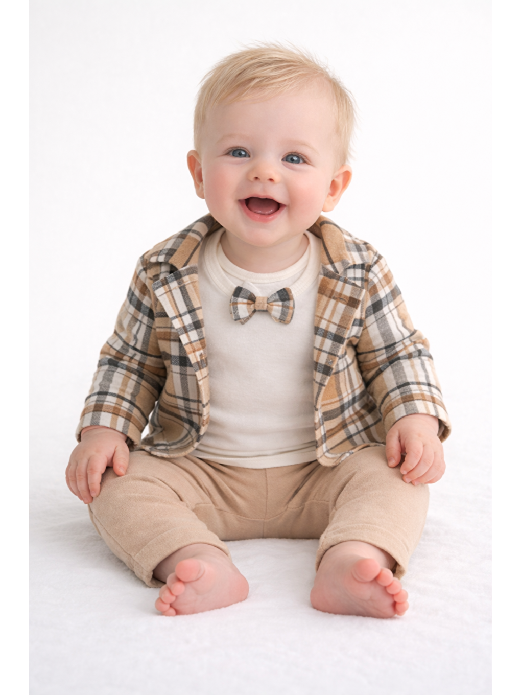 Bej Erkek Bebek Ceketli Papyonlu 3lü Takım Bayramlık Pamuklu Özel Ekose Desenş,-1