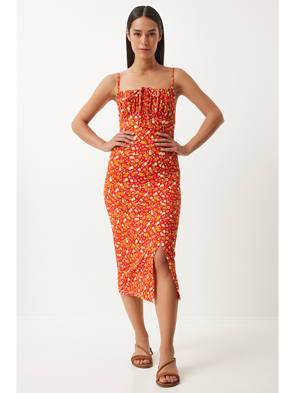 Turuncu Çiçekli Desenli Yırtmaçlı Yazlık Örme Elbise KOYU ORANJ LCI0003-2