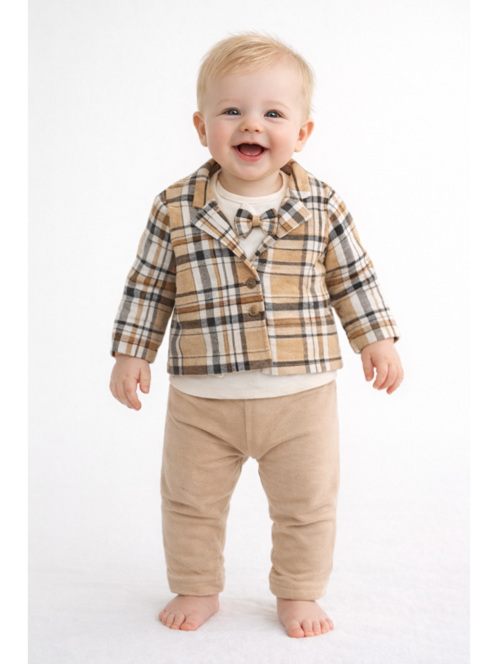 Bej Erkek Bebek Ceketli Papyonlu 3lü Takım Bayramlık Pamuklu Özel Ekose Desenş,-2