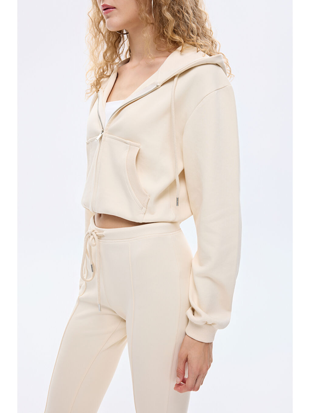 Kapüşonlu Fermuarlı Basic Sweatshirt Bej-3