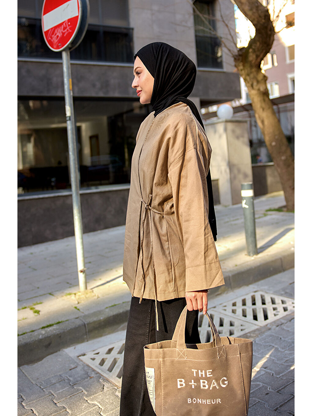 Bej Kadın Yandan Bağlamalı Ceket Vizon-4