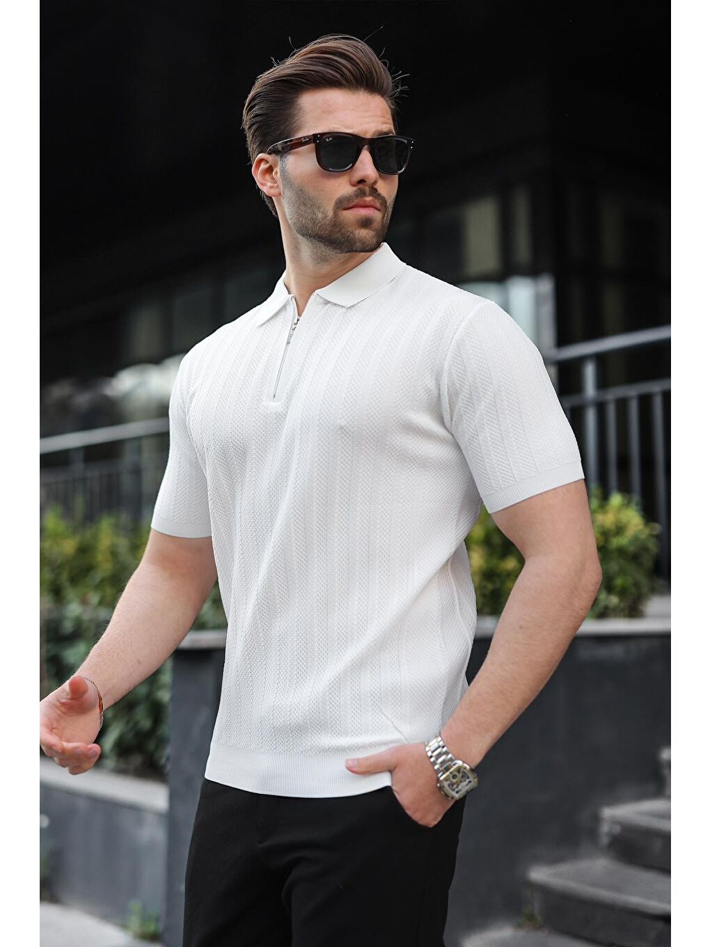 Beyaz Yarım Fermuarlı Polo Yaka Erkek Triko Tişört E7458