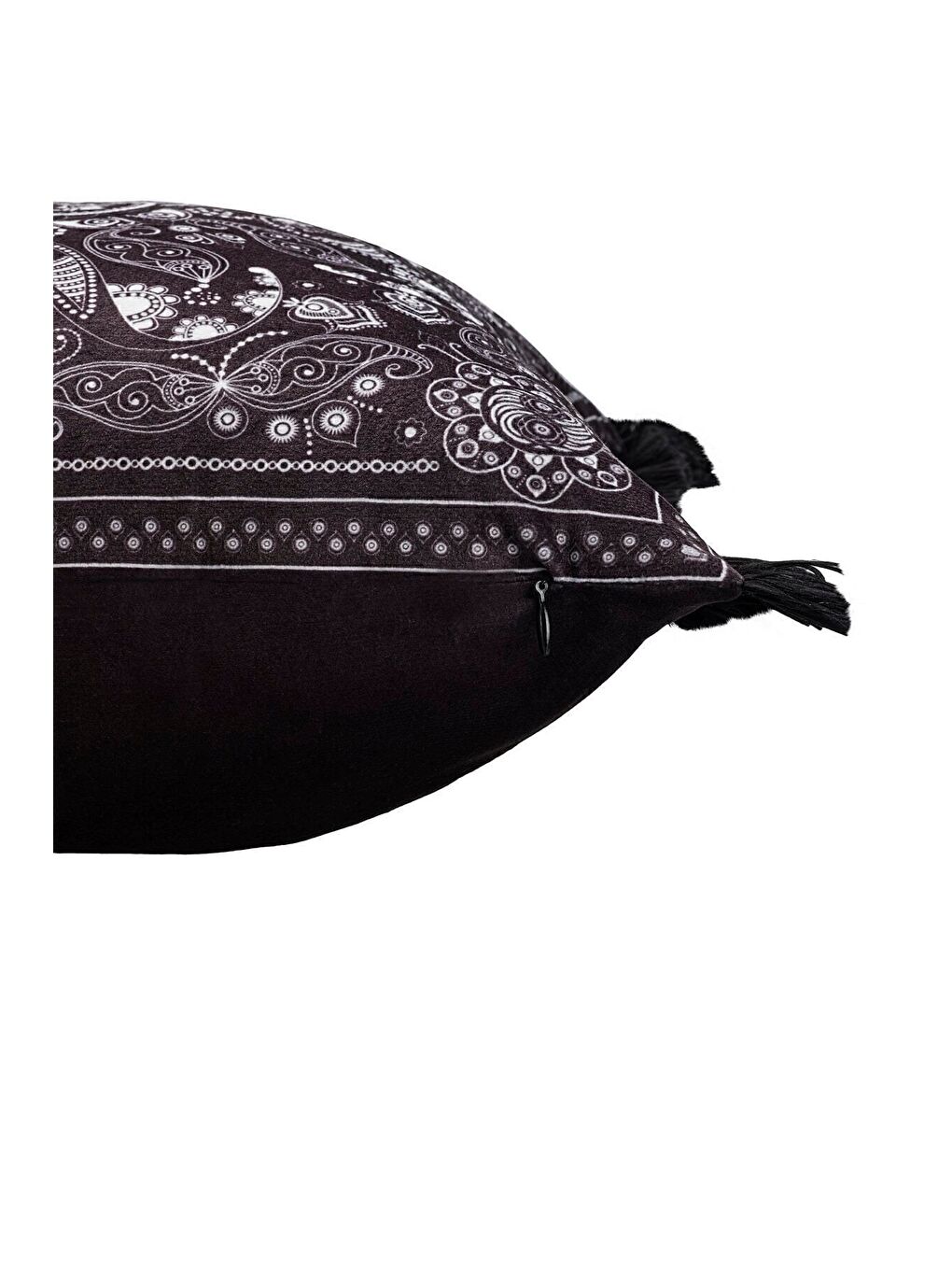 Lüks Kadife 43x43 Cm Kırlent Kılıfı Dekoratif Yumuşak Salon Avangart Saçaklı Siyah Mandala-1