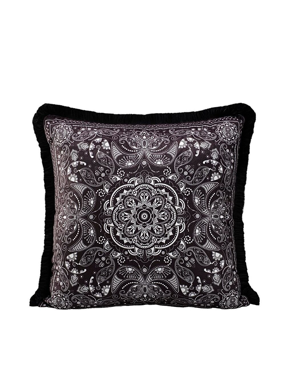 Lüks Kadife 43x43 Cm Kırlent Kılıfı Dekoratif Yumuşak Salon Avangart Saçaklı Siyah Mandala-2