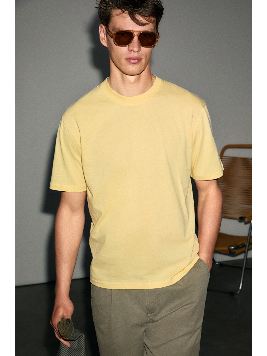 Sarı Solo Erkek %100 Organik Pamuklu Kalın Dokulu Comfort Fit Bisiklet Yakalı SARI T-Shirt