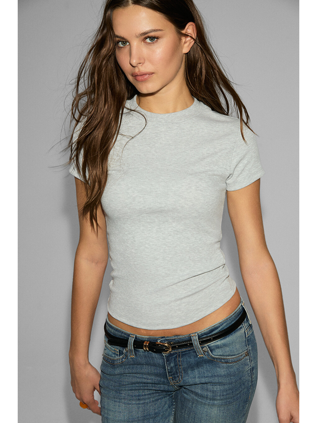 Gri GLOOM Kadın Yumuşak Ve Esnek Kumaşlı Bisiklet Yakalı Crop GRİ MELANJ T-Shirt-3