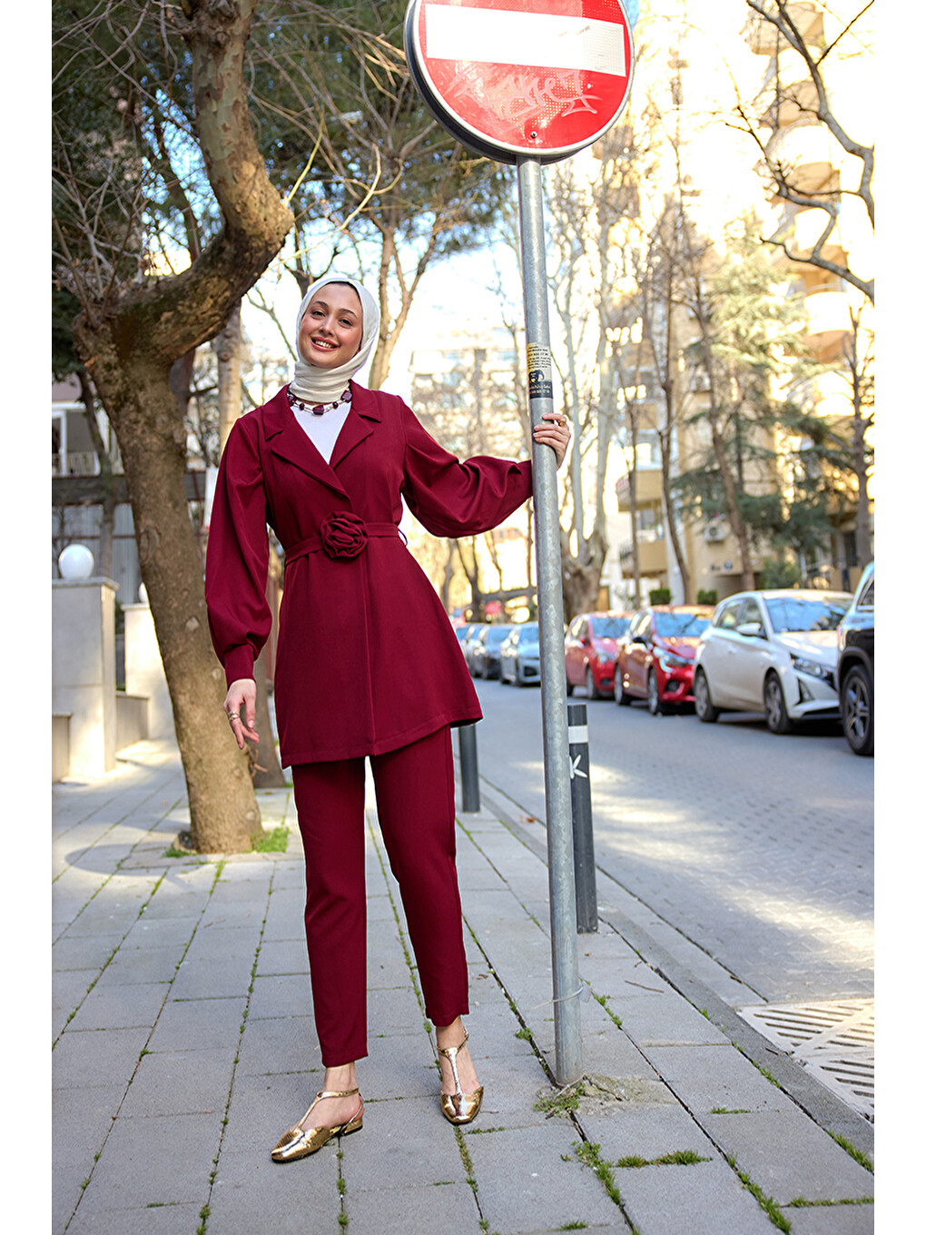 Kadın Kruvaze Yaka Gül Kemerli Takım Bordo