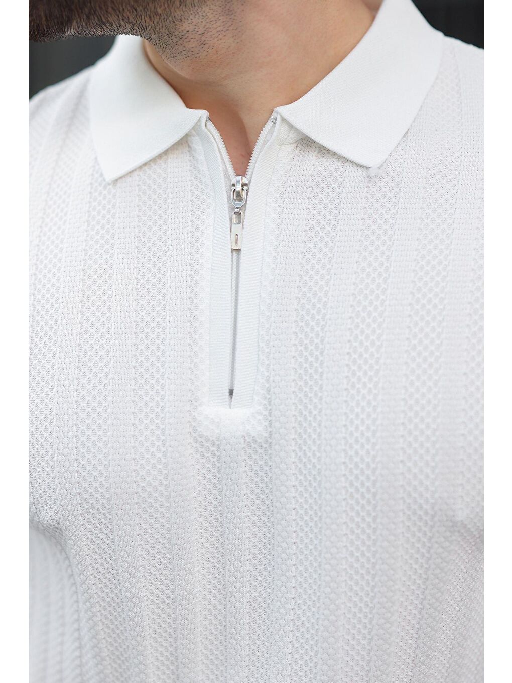 Beyaz Yarım Fermuarlı Polo Yaka Erkek Triko Tişört E7458-2