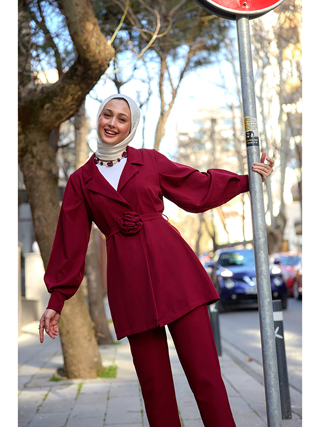 Kadın Kruvaze Yaka Gül Kemerli Takım Bordo-1
