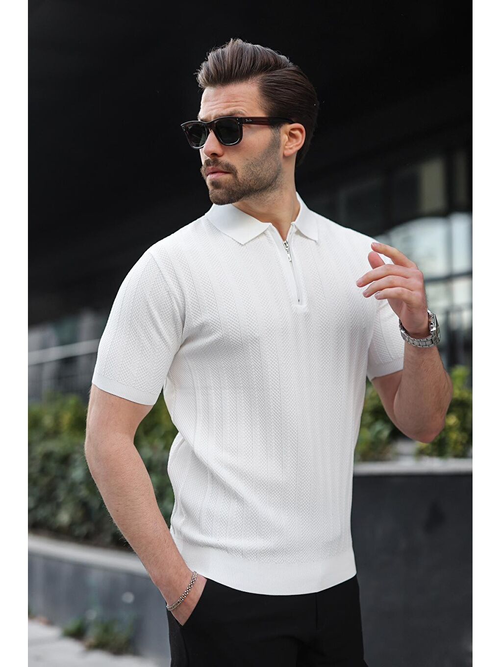 Beyaz Yarım Fermuarlı Polo Yaka Erkek Triko Tişört E7458-3