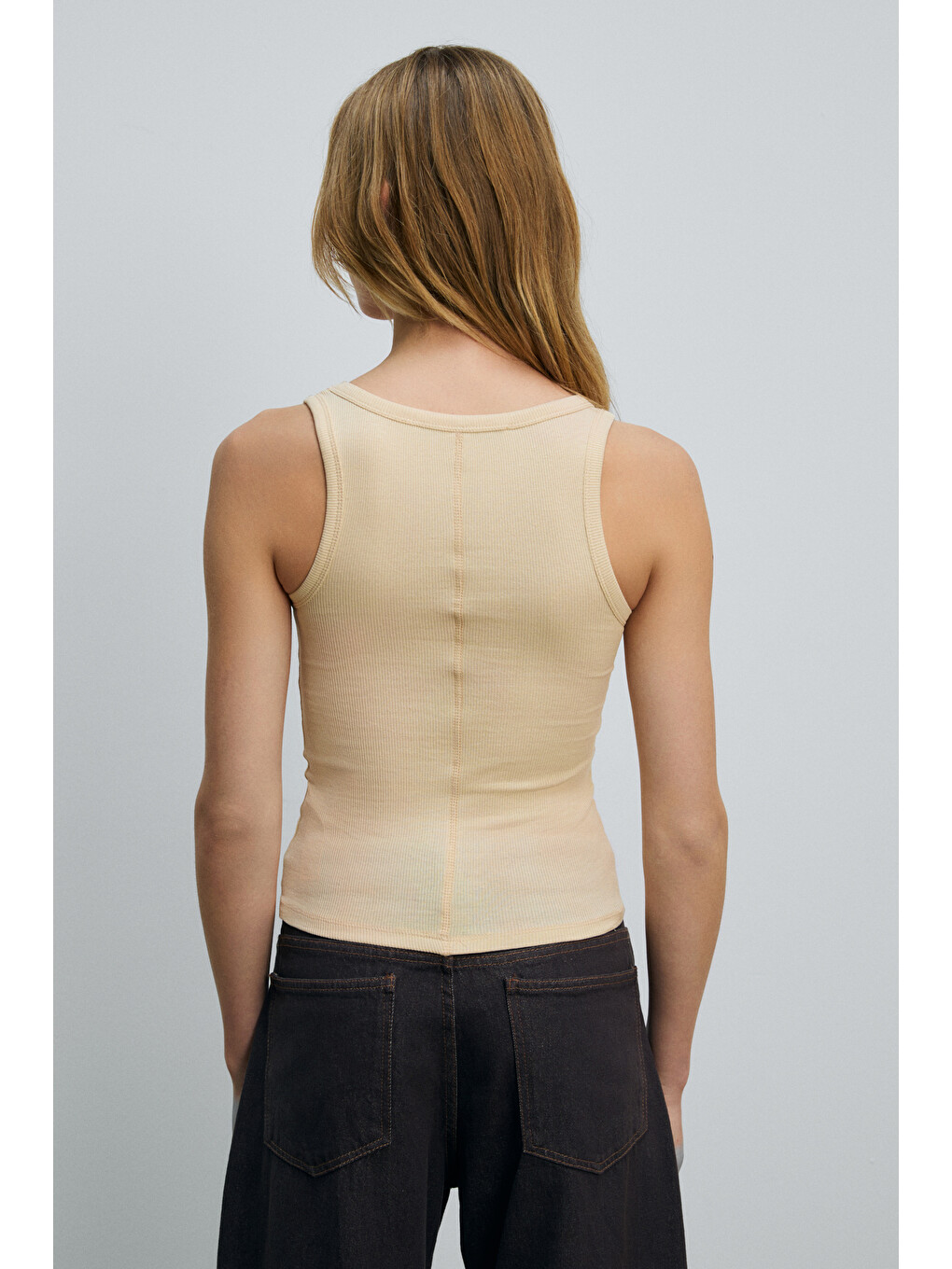 Lıllesol Kadın Fitilli Görünümlü Slim Fit Vücuda Oturan Havuz Yakalı Pamuklu Basic Bej Atlet-5
