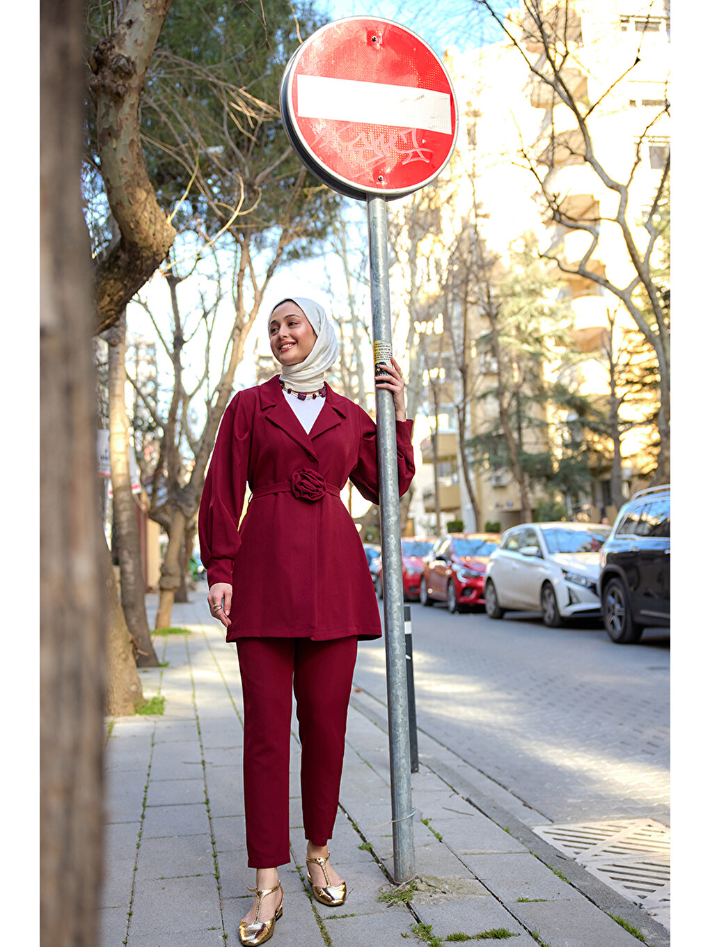 Kadın Kruvaze Yaka Gül Kemerli Takım Bordo-3