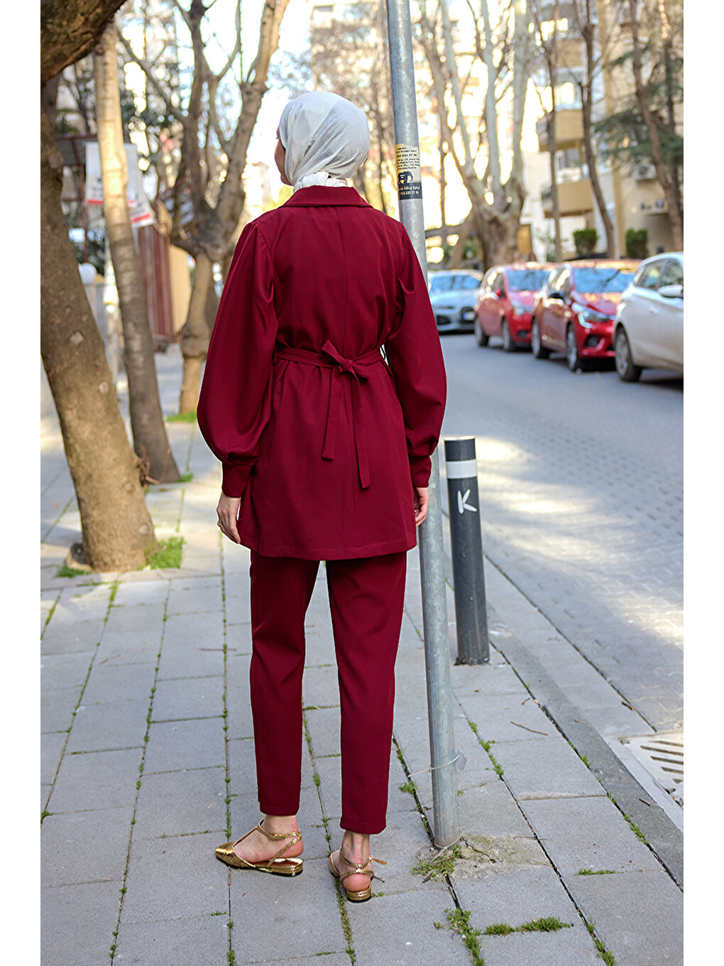 Kadın Kruvaze Yaka Gül Kemerli Takım Bordo-4