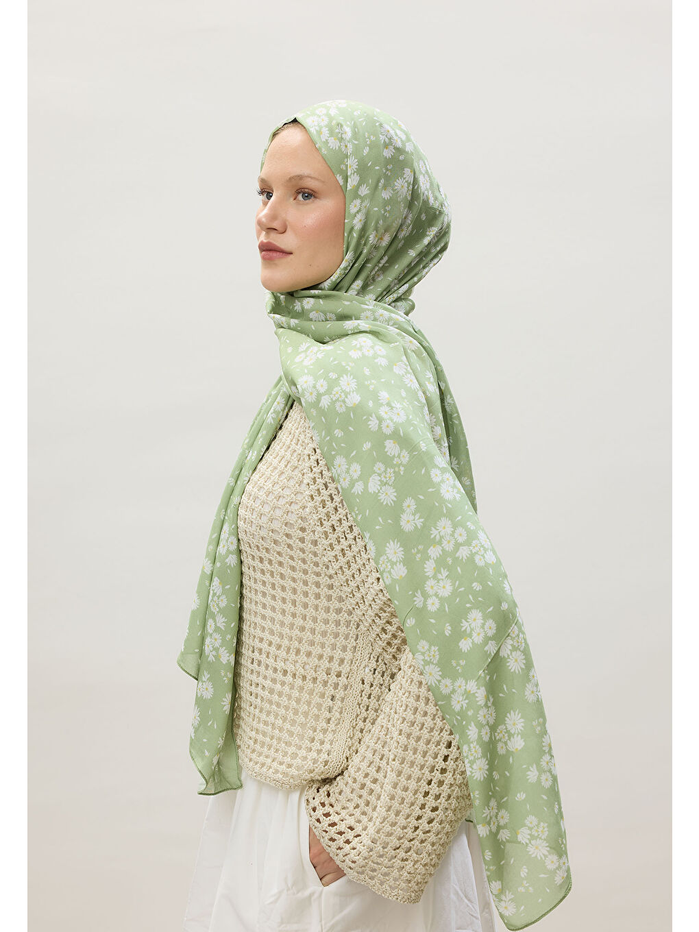 Papatya Desen Rami Şal Açık Yeşil-1